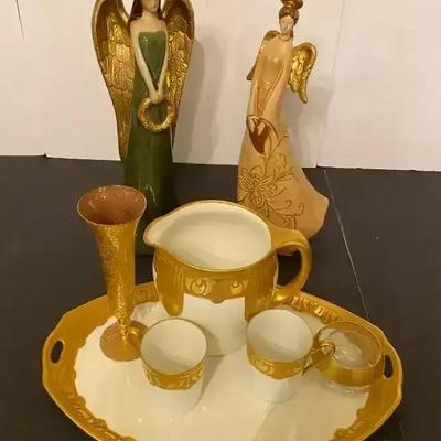 Coffee Tray/Vanity Set And Angels, Gold-trimmed set including a tray, pitcher, two cups