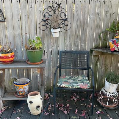 Wooden Table, Patio Chair & Decorative Pots