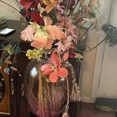 Decorative Wooden Pedestal with Faux Flowers