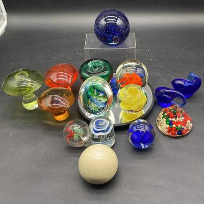 Colorful Glass Paper Weights and Decorative Mushrooms