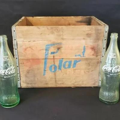 Polar Soda Wooden Crate and (2) Coca-Cola Bottles