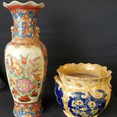 Tall Asian Vase and Flowered Pot