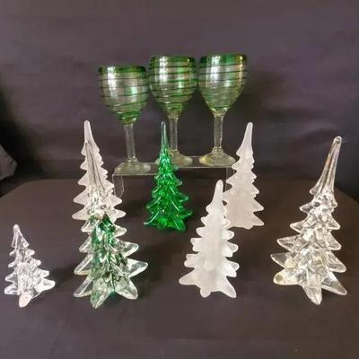 Glass Christmas Trees & Wine Glass Lot