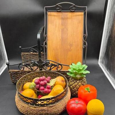 Faux Fruit Basket, Magazine Rack and Tray 