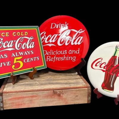 Coca-Cola Metal Signs And Wooden Crate