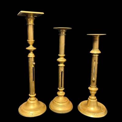 Brass Candlesticks With Push Up Bar - Set Of 3