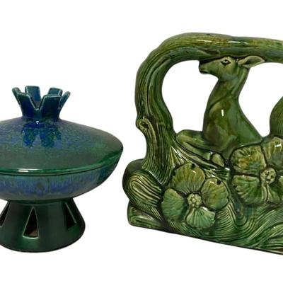 Royal Haeger 707-5 Lidded Candy Dish + Green Ceramic Deer Lamp Base