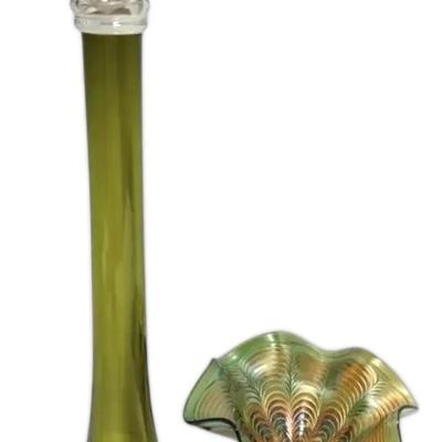 Fenton Green Carnival Glass Peacock Compoto + Green & Clear Glass Candleholder 