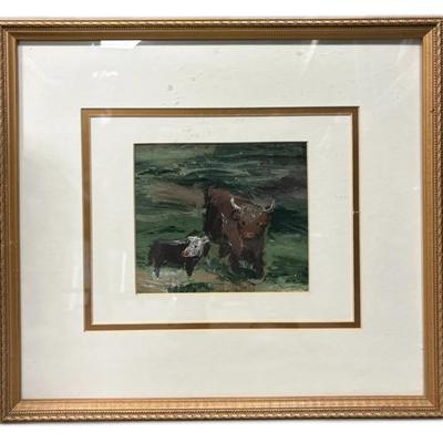 (15"x13") Painting Of Highland Cows W/ Gold-Toned Frame