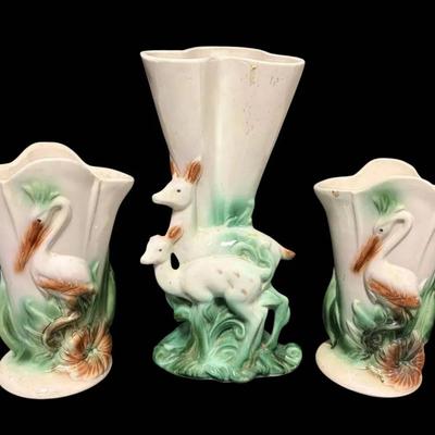 Hull Pottery "Regal" Edition, 2 Crane Vases + Doe & Fawn Vase