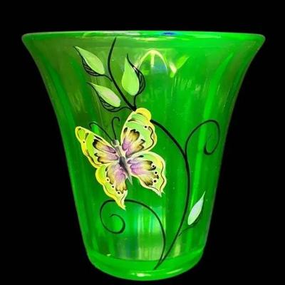 Fenton Uranium Glass Vase With Hand Painted Florals