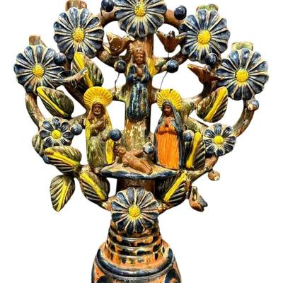 Vintage Mexican Folk Art Pottery Candleholder