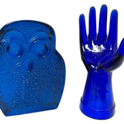 Blenko Cobalt Blue Glass Owl Bookend & Mannequin Jewelry Display Hand