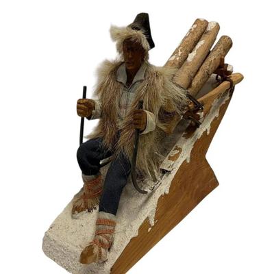 Folk Art Carved Wood & Plaster Sculpture of Figure Sledding, Signed Myriam 