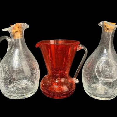 Tangerine Orange Crackle Glass Pitcher + Clear Crackle Glass Oil & Vinegar Set