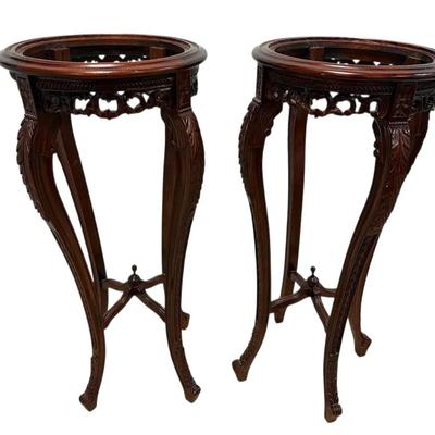 Pair Of Antique Carved Accent Tables W/O Marble Insert