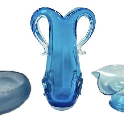 Blue Art Glass Double Handled Vase + Stretch Glass Bowls
