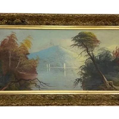 (36"x17") Antique Landscape Painting In Ornate Gold-Toned Frame