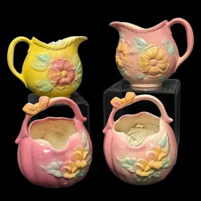 Vintage Hull USA Pottery Sunglow Glazed Pitchers + Baskets