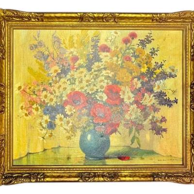 Framed Oil Still Life Painting of Flower Bouquet - Signed by Grabwinkler (36” x 30”)