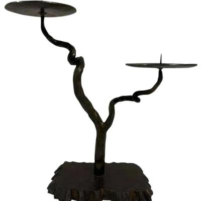 Brutalist Style Bronze Twisted Double Candleholder 