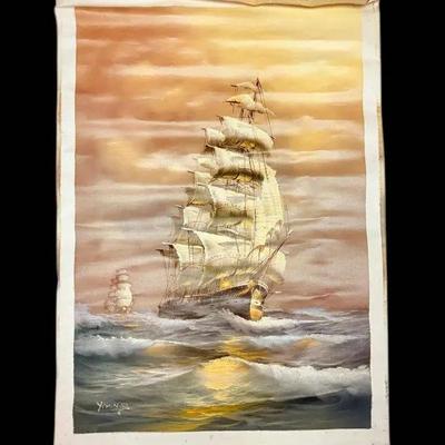 Oil Painting Of Ships On Canvas- Signed “Yim.N.S” (32”x23”)