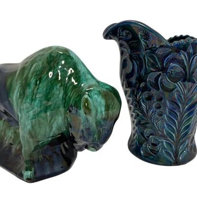 Blue Mountain Pottery Bison + Blue & Green Pottery Pitcher