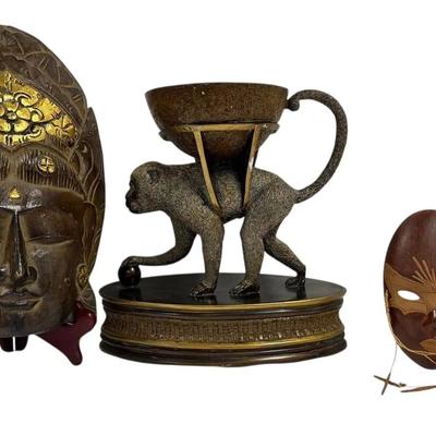 Monkey Centerpiece Bowl & 2 Wood Masks 