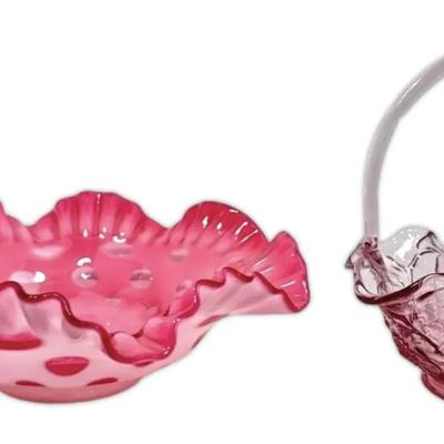 Fenton Cranberry Opalescent Coin Dot Bowl + Pink Water Lily Basket