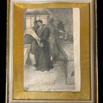 (18"x22") "Caxton At His Press" Etching By Howard Pyle, Signed + Numbered