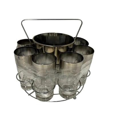 Mid Century Silver Ombre Highball Glasses, Ice Bucket, + Carrier