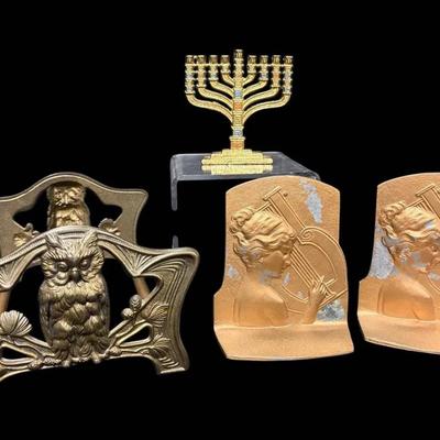 Brass Menorah, Book Ends, + Expandable Owl Book Rack