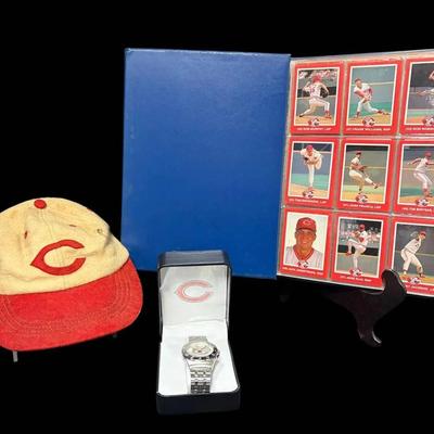 Vintage Cincinnati Reds Hat, Baseball Cards, + Chicago Bears Watch