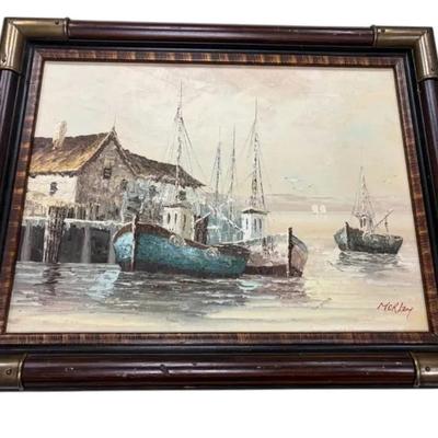 (19.5"x16") Vintage MCM Harbor Painting Signed By Morley