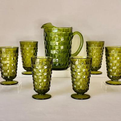 Indiana Glass Whitehall Cubist Pitcher And Tumblers