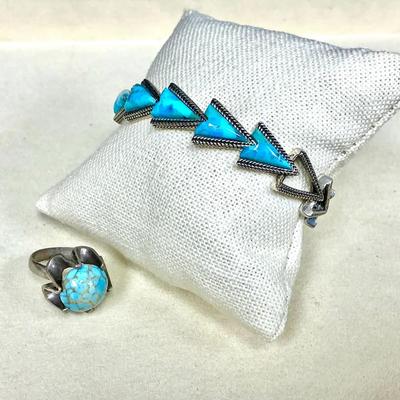 Sterling Silver Turquoise Bracelet And Ring 