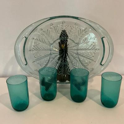 Feather Blue Relish Tray & Glasses