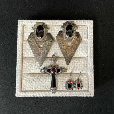 Sterling Silver Earrings And Cross Pendant 
