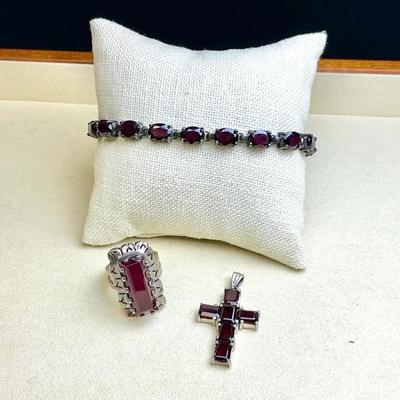 Sterling Silver Bracelet, Ring, And Cross Pendent 