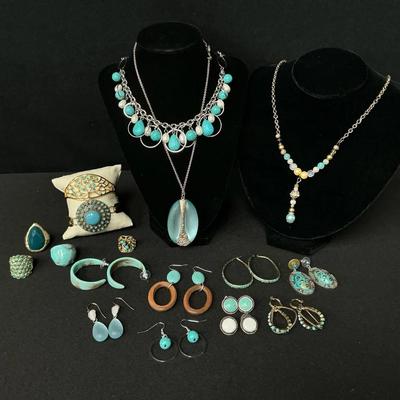 Turquoise Colored Necklaces, Earrings, And Ring Bundle 