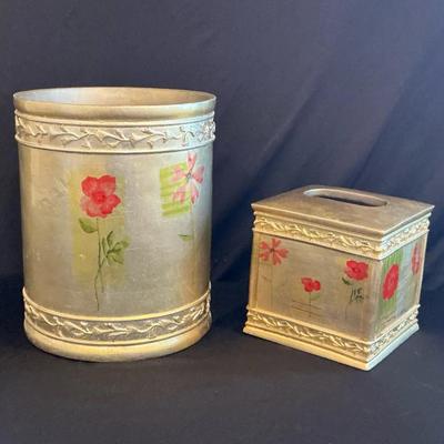 Gold Toned Tissue Box And Wastebasket