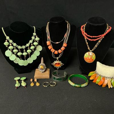 Orange And Green Necklaces, Earrings, Bracelets, And Ring Set
