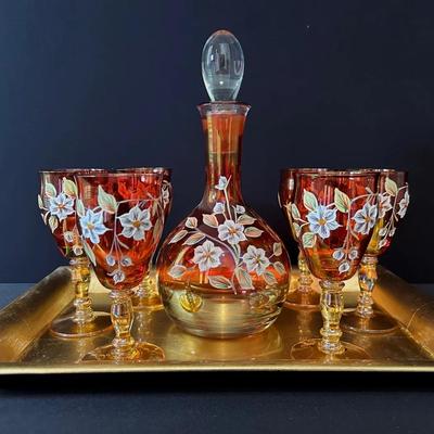 Hungarian Hand-painted Decanter & Glasses