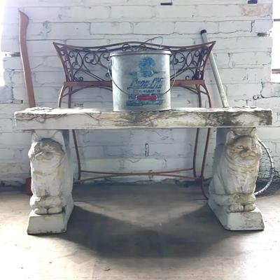 Resin Cat Bench With Metal Plant Stand, Bait Bucket And More