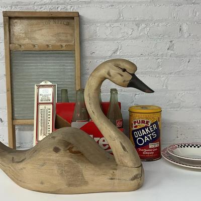 Antique Quaker Oats Can, Coke Bottle And Other Advertising Collectibles, With A Large Pine Swan 
