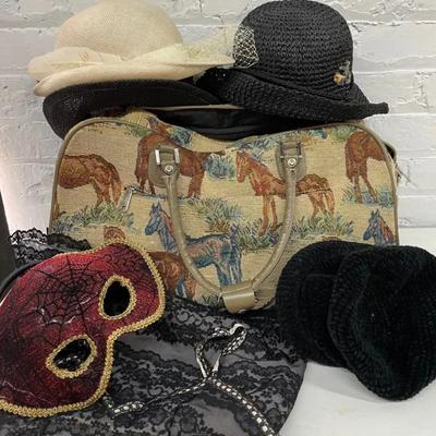Vintage Tapestry Bag With Hats And Vintage Accessories 