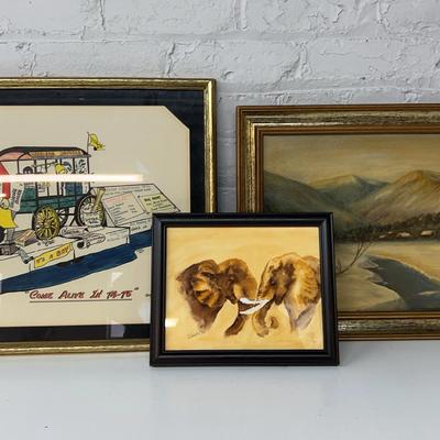 D Grabbs Watercolor Painting Of Elephants, Oil Painting Of A Snow Covered Valley And Drawing 