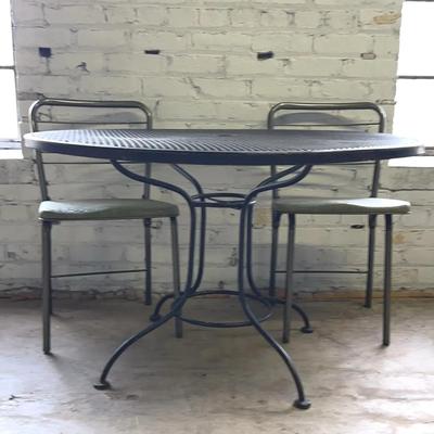 Iron And Mesh Patio Dining Table With Two Folding Chairs 