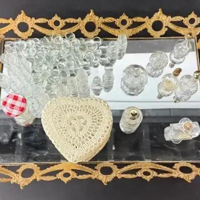 Antique Brass Vanity tray/Vintage Crochet Heart Shape Trinket Box