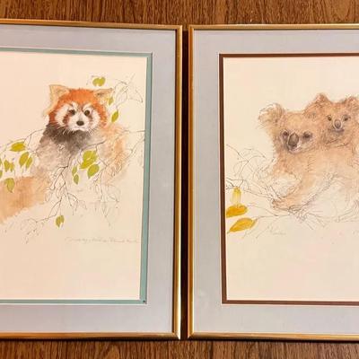 Pair (2) Framed Watercolor Prints By Danish Artist Mads Stage, Koalas & Red Pandas